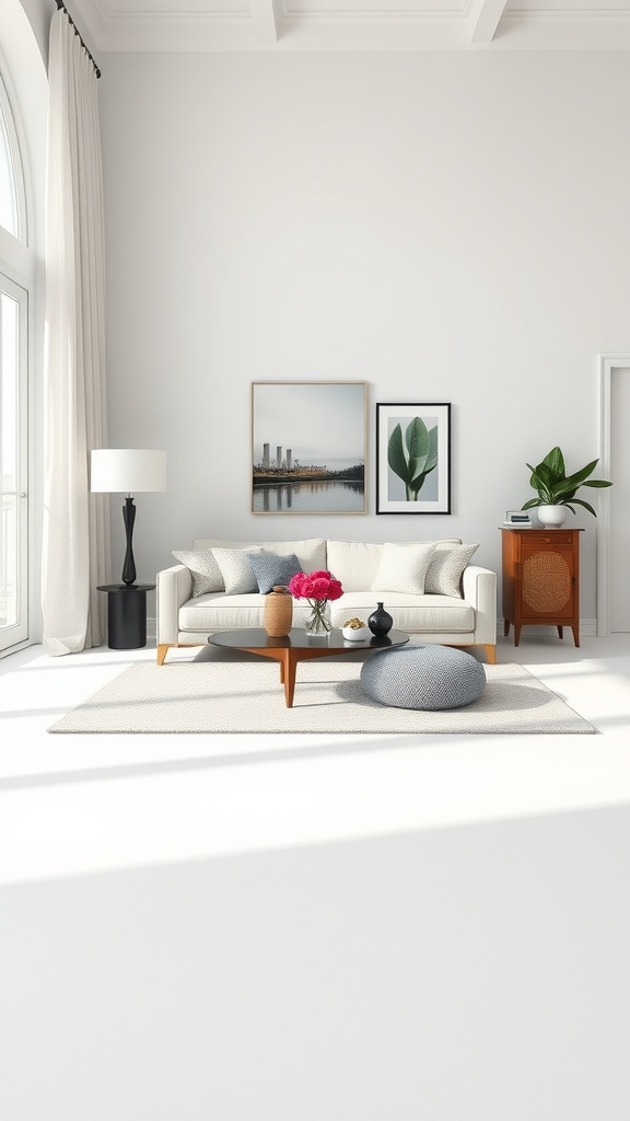 A stylish minimalist living room featuring a light-colored sofa, simple decor, and soft lighting.