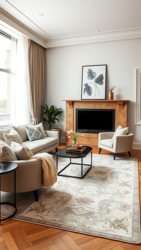 A stylish luxury living room featuring an elegant area rug and comfortable seating.