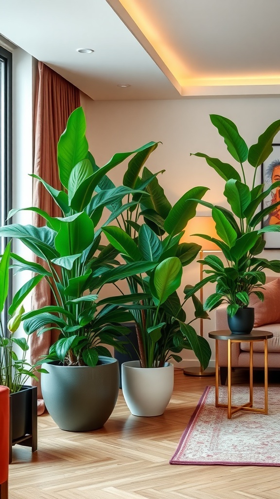 Indoor plants in stylish planters enhance a luxury living room.