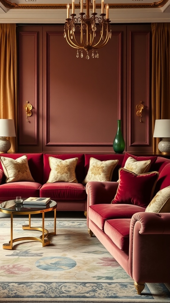 Luxurious living room featuring a velvet sofa, decorative pillows, and a stylish coffee table.