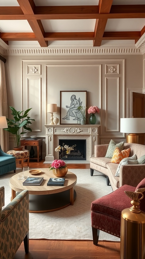 A stylish luxury living room with muted colors and elegant furniture.