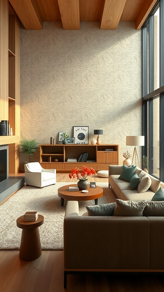 A luxurious living room featuring warm wooden elements and textures.